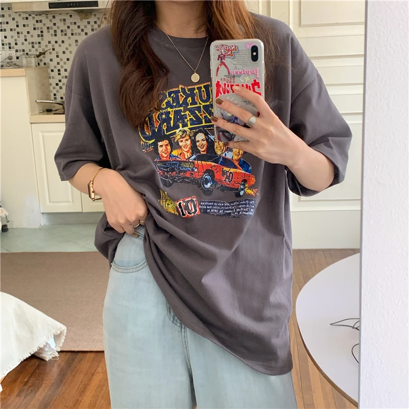 

Summer New Ladies American Retro Character Cartoon Printing Korean Version of Loose Short-sleeved T-shirt Women