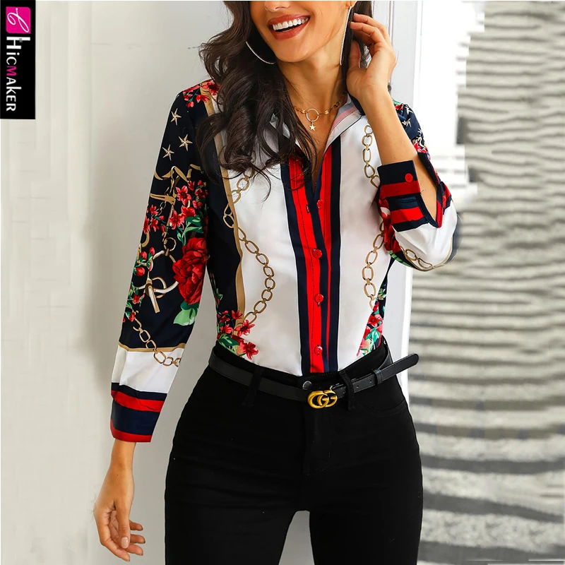 Повседневная Блузка с цветочным принтом и цепочками шикарная Офисная женская
