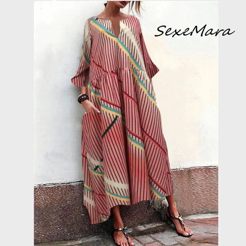 Женское длинное платье в полоску повседневное винтажное составного кроя с