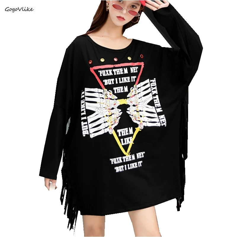 

Plus Size Finger Bones Korean Punk Long Sleeve Tshirt Women Harajuku Shirt Ladies Printed Top Streetwear Tassel Shirts LT803S30