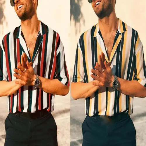 

Summer Man Shirt Men Ethnic Print Collar Cotton Linen Stripe Short Sleeve Loose Hawaiian Shirt Hawaiian Shirt