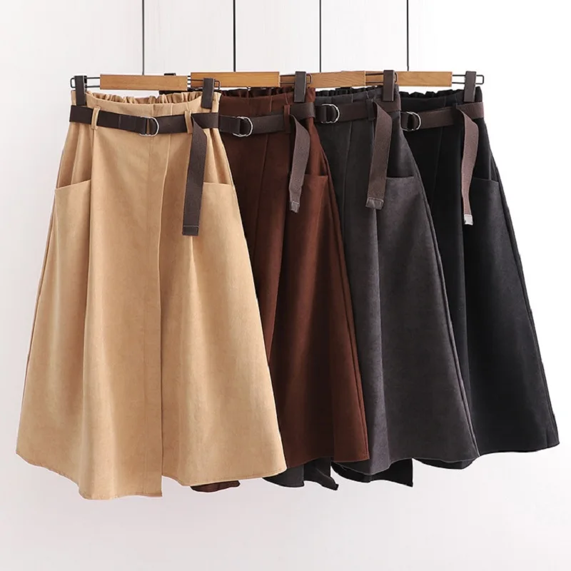 Autumn Winter Simple Solid Belt Pocket Long Skirt Women 2021 Casual Vintage Pleated Midi Skirts Irregular Hem Office Lady Skirt