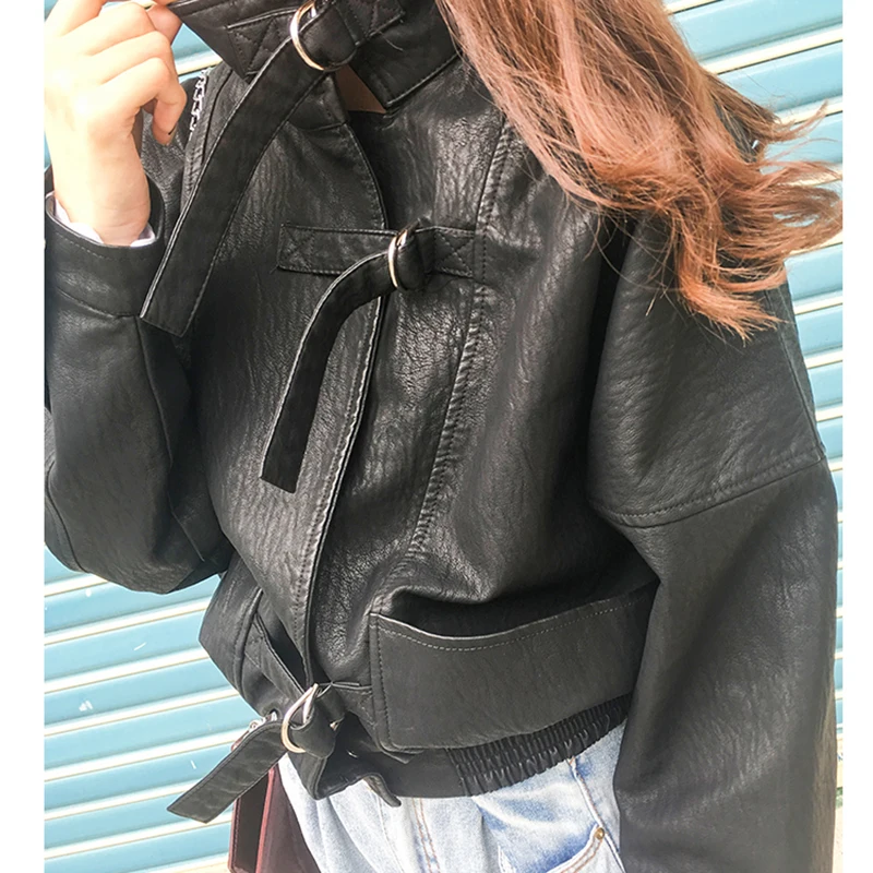 Женская винтажная куртка бомбер из искусственной кожи с длинным рукавом в