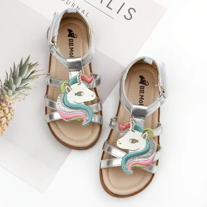 

2022 Children Summer Sandals Girl's Fashion Roma Shoes Princess Unicorn Party Sandals Cute Cartoon Kids Beach Shoes SO057