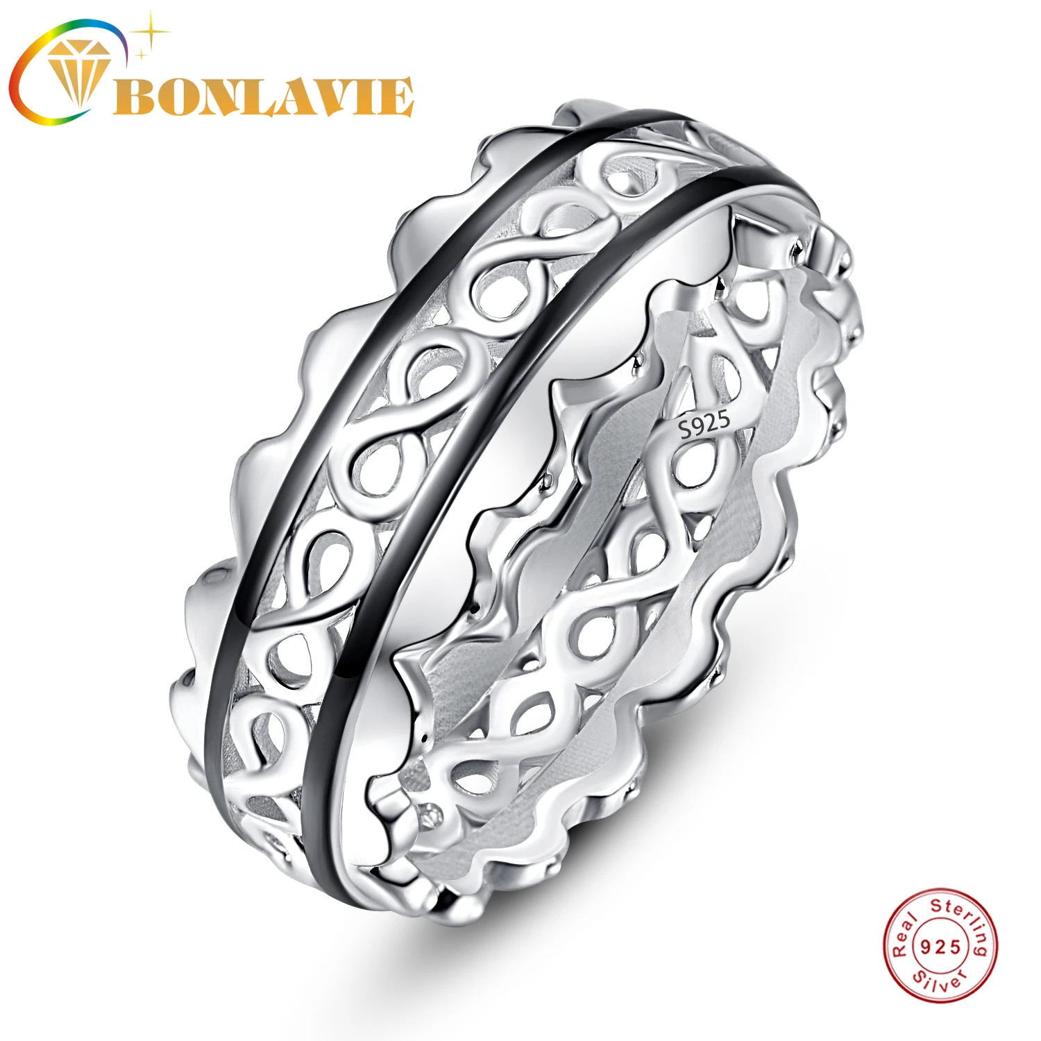 

BONLAVIE Женская 7 мм широкий панорамный дизайн черной линией покрытием обручальное кольцо серебро 925 ювелирные изделия из жемчуга AAA Качество