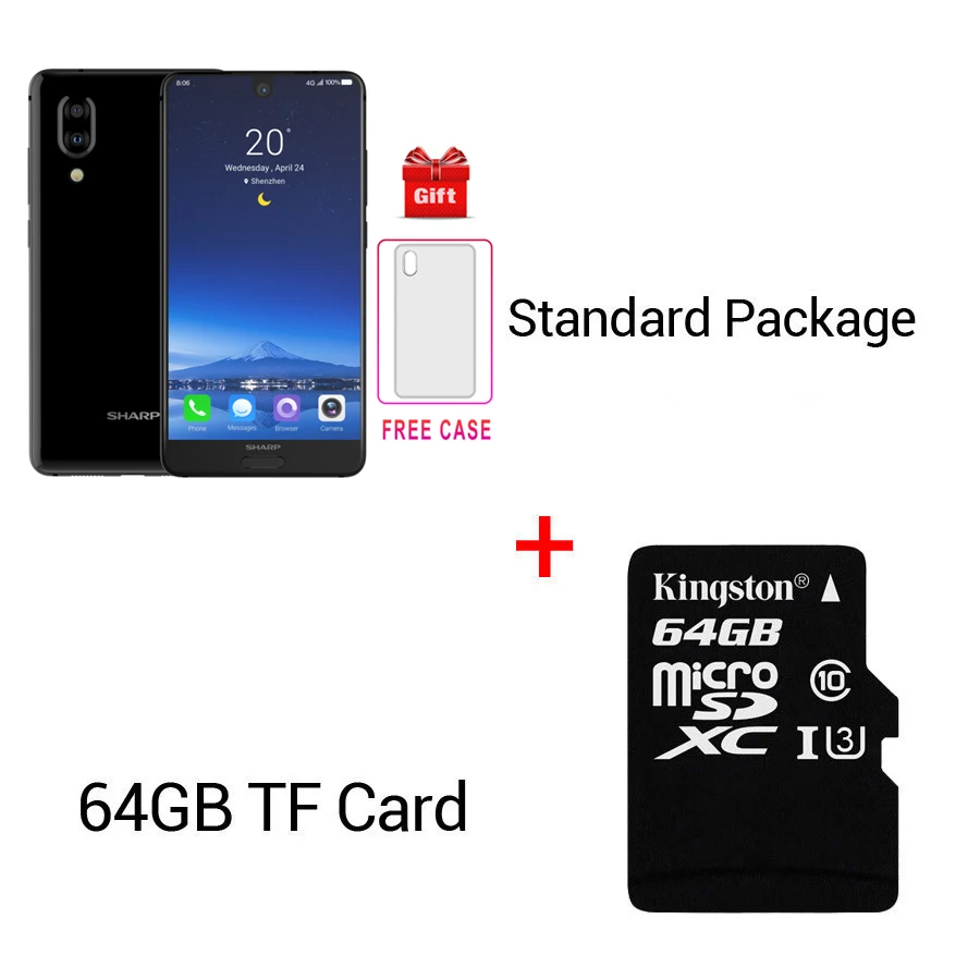 Смартфон SHARP AQUOS C10 S2 Android 8,0 4 Гб+ 64 Гб 5,5 ''FHD+ Восьмиядерный Snapdragon 630 с функцией распознавания лица NFC 12 МП 2700 мАч 4G мобильный телефон - Цвет: Black N 64GB Card