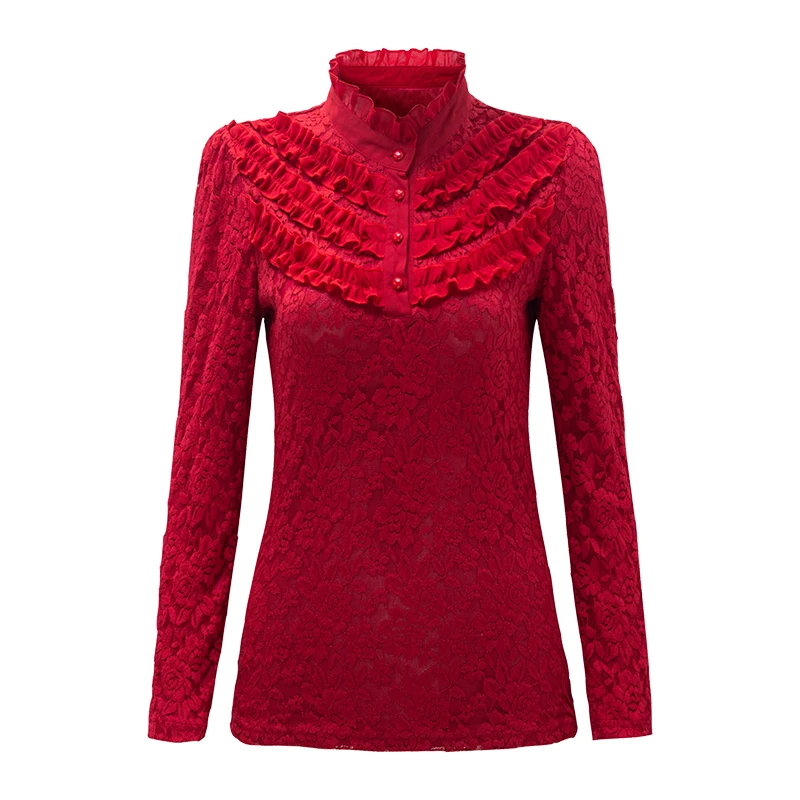 Женская кружевная рубашка с воротником стойкой и длинным рукавом большого