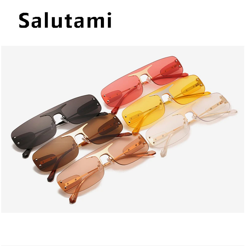 

Rimless One Piece Small Square Sunglasses For Women Vintage Alloy Clear Brown Sun Glasses Uv400 Men Retro Flat Shades New Brand