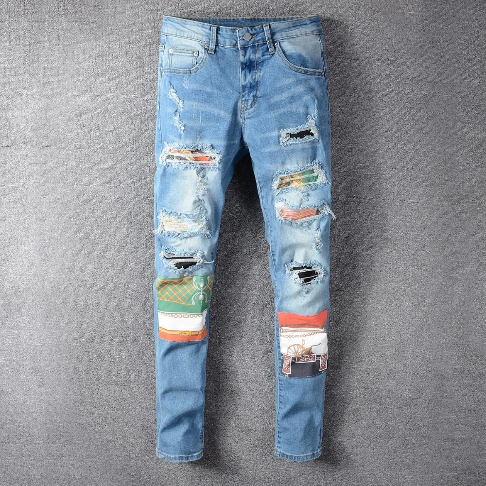 

Новинка 2021, мужские брюки, уличные модные брендовые цветные Синие рваные джинсы с нашивками, Молодежные Стрейчевые облегающие брюки из дени...