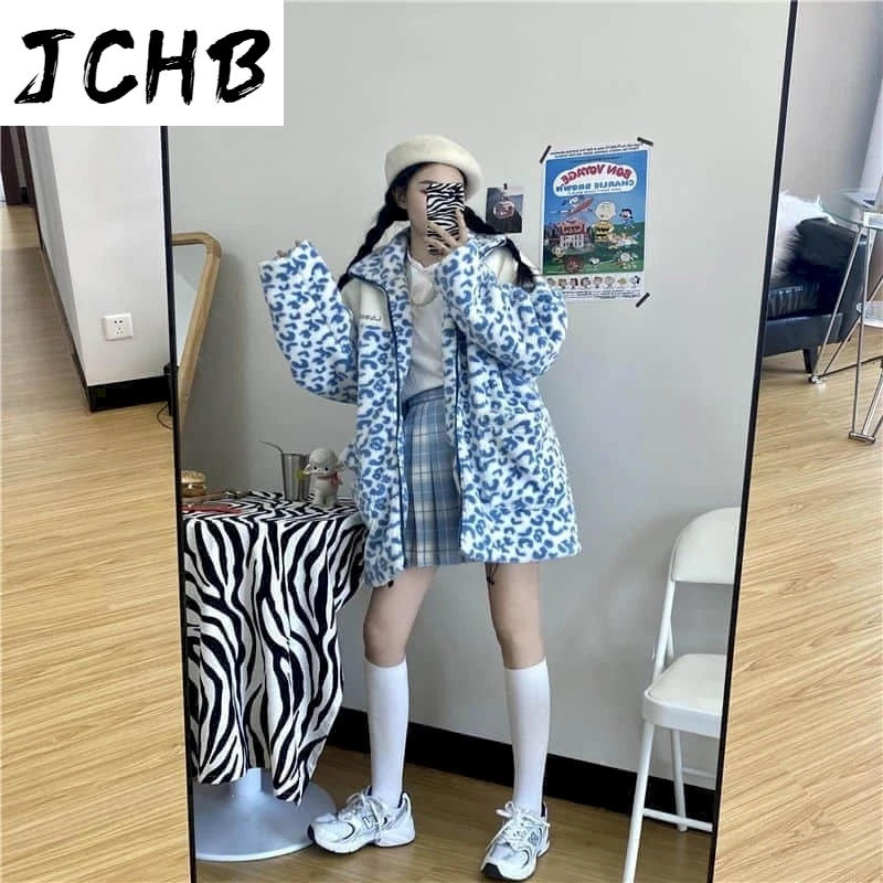 

2021 New Autumn Winter Blue Leopard Feece Jeckets Women Stand Collar Thickened Loose Long Sleeved Coats Casual Outwear