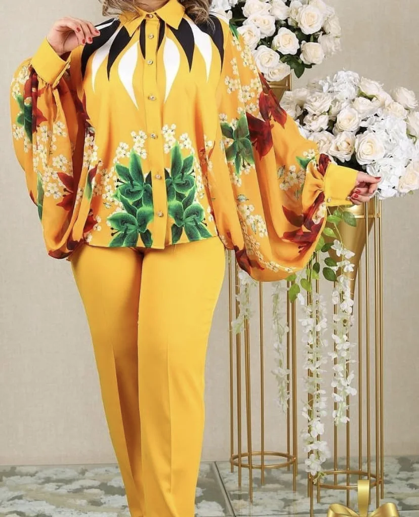 

Women Two Pieces Set Batwing Sleeves Printed Blouses Tops Slim Pants Trousers Autumn Fashion Vintage Elegant Ladies Female Set