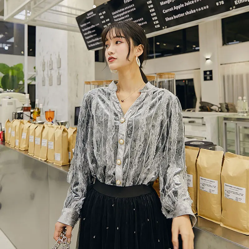 CHEERART V Neck Velvet Blouse Long Sleeve Lace Patchwork Ladies Top Vintage Fall Korean Fashion Clothing | Женская одежда