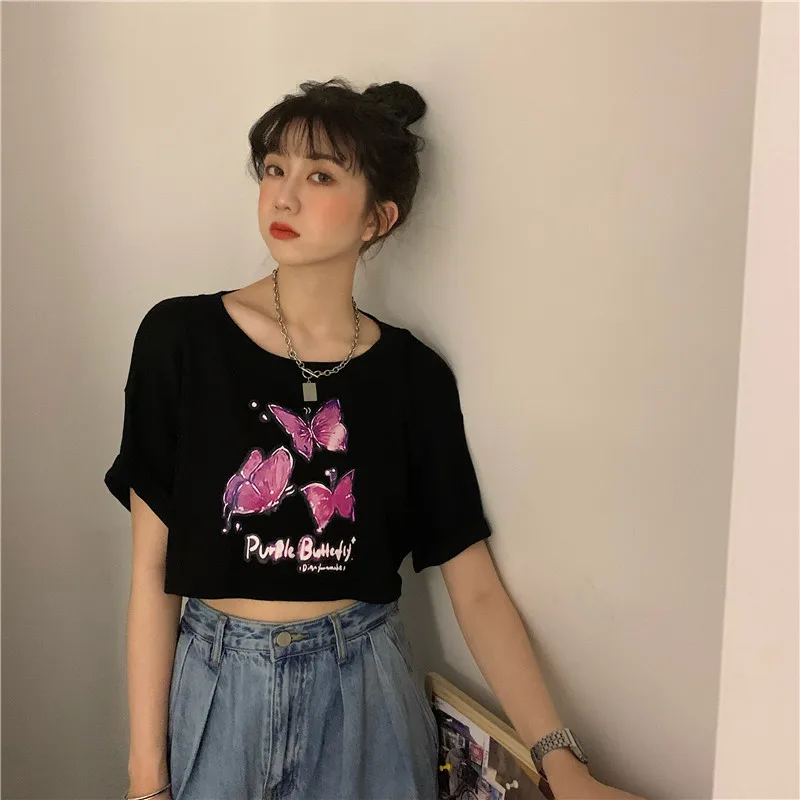 

Butterfly Print Short T Shirts Personalized Harajuku Style Sexy Women Girls Top Tees Korean Loose Casual T-Shirt L0675