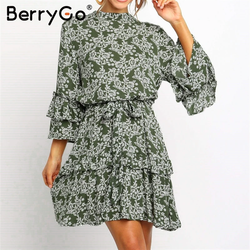 BerryGo уличная Женская Цветочная одежда свободное платье с рюшами и рукавами Бохо