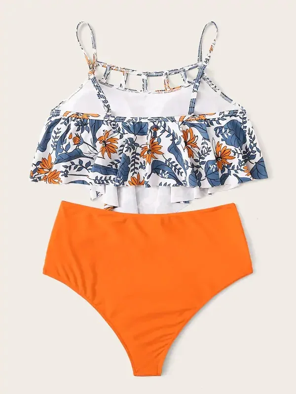 Swimwear Women Sunflower Print Ruffle Two Piece Swimsuit Female Halter Bathing Suit Beach High Waist Swimwear Banador Mujer