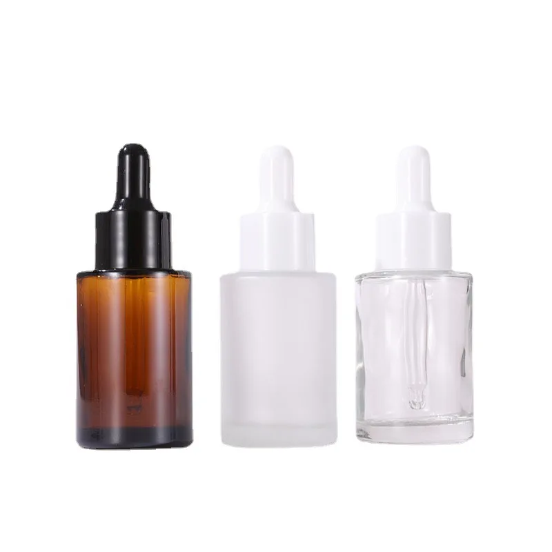 

Empty 30ml Frosted Clear Amber Glass Essential Oil Bottle Flat Shoulder Eye Dropper Bottles With Pipette For Serum