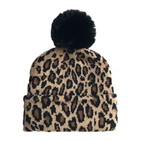 women winter leopard print acrylic knit warm crimping dome melon hat female warmer fashion casual street dance hairball cap r41