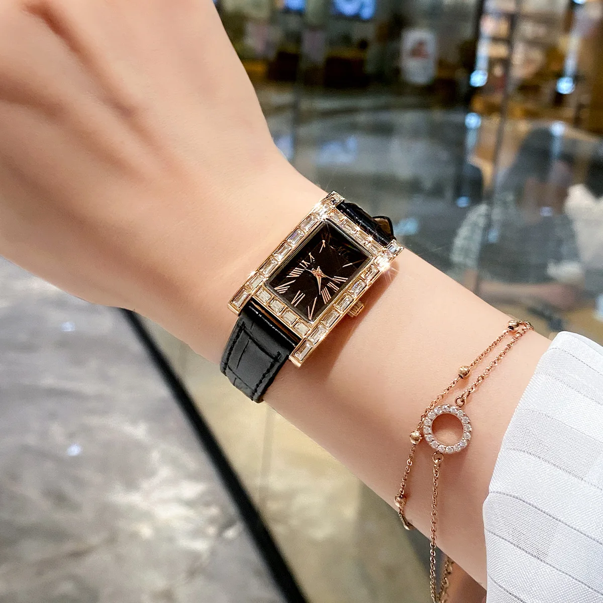 New Rectangle Diamond Women Watches Lady Casual Quartz Watch Leather Band Women Watch Waterproof Designer+Box Relogio Feminino