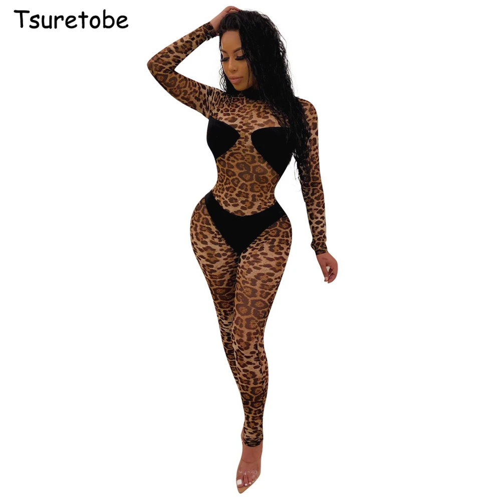 

Tsuretobe Autumn Skinny Leopard Printed Patchwork Jumpsuit Women Sexy Long Sleeve Party Club Rompers Bodycon Overalls Female