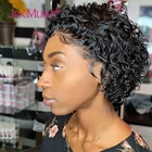 180% короткий парик фальшивой резки, короткий T-образный парик из человеческих волос на шнуровке спереди для женщин, предварительно выщипанные кудрявые волосы Remy для черных женщин