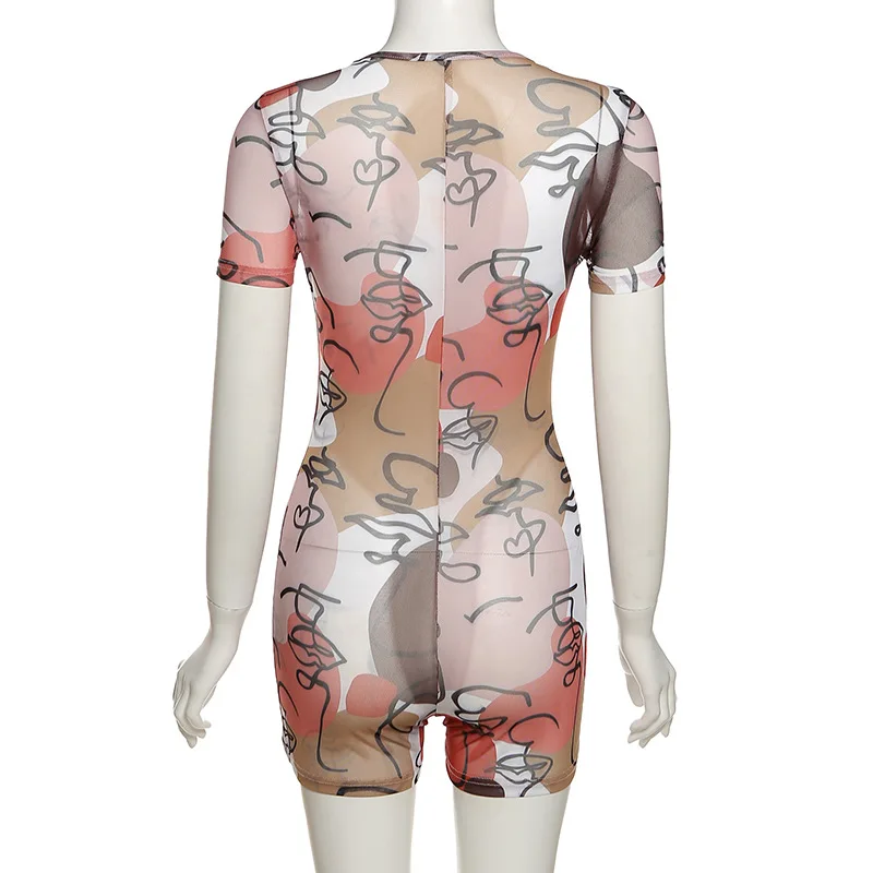 

2021 Summer Women's New Sexy Hollow Mesh Printed High Waist Bandage Casual Sports Jumpsuit