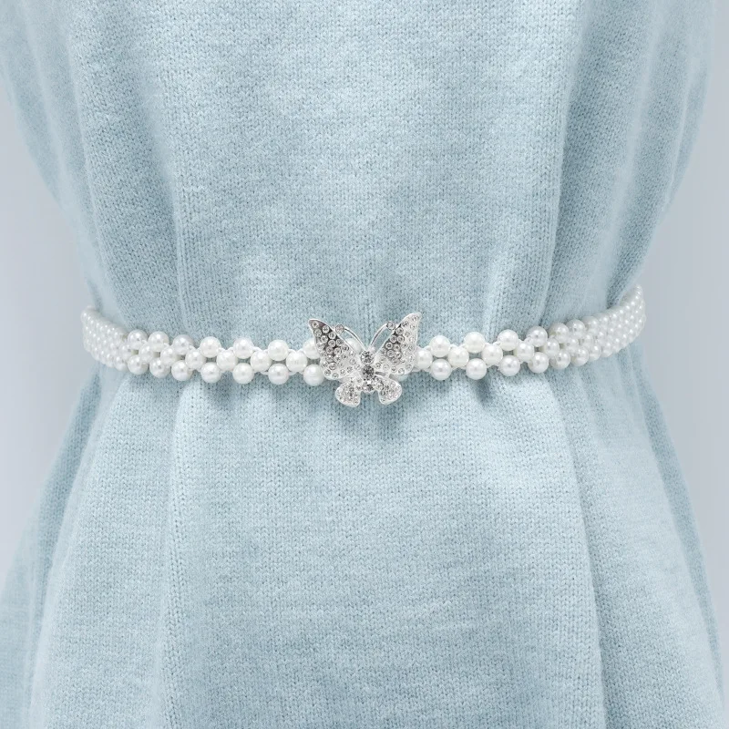 Women's new bead chain belt Hot versatile fashion pearl diamond flower waist Dress decorative Bow buckle elastic | Аксессуары для