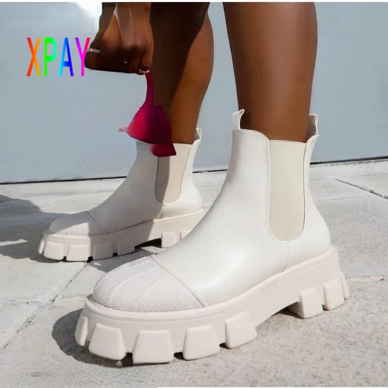 

XPAYwomen's Boots for Winter Leather Motorcycle Woman Boots Punk Round Head Black and White Chelsea Boots Platformbotas De Mujer