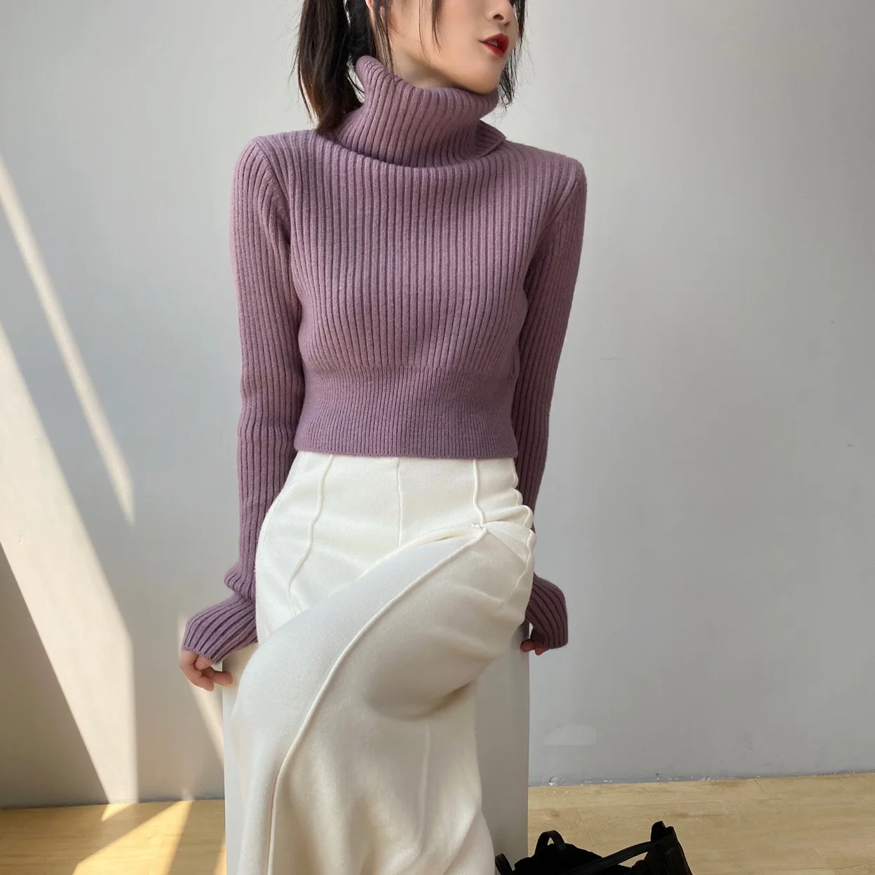 

Turtleneck Warm Sweater Pure Color Winter Cropped Top Pullovers Pull Femme 2021 New Women Autumn Sweater Long Sleeve Women