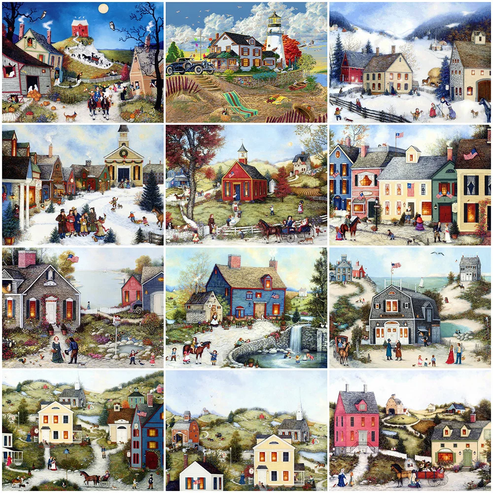 

HUACAN 5D DIY Diamond Painting House Full Square Rhinestone Of Picture Cross Stitch Scenery Diamond Embroidery Town Decor