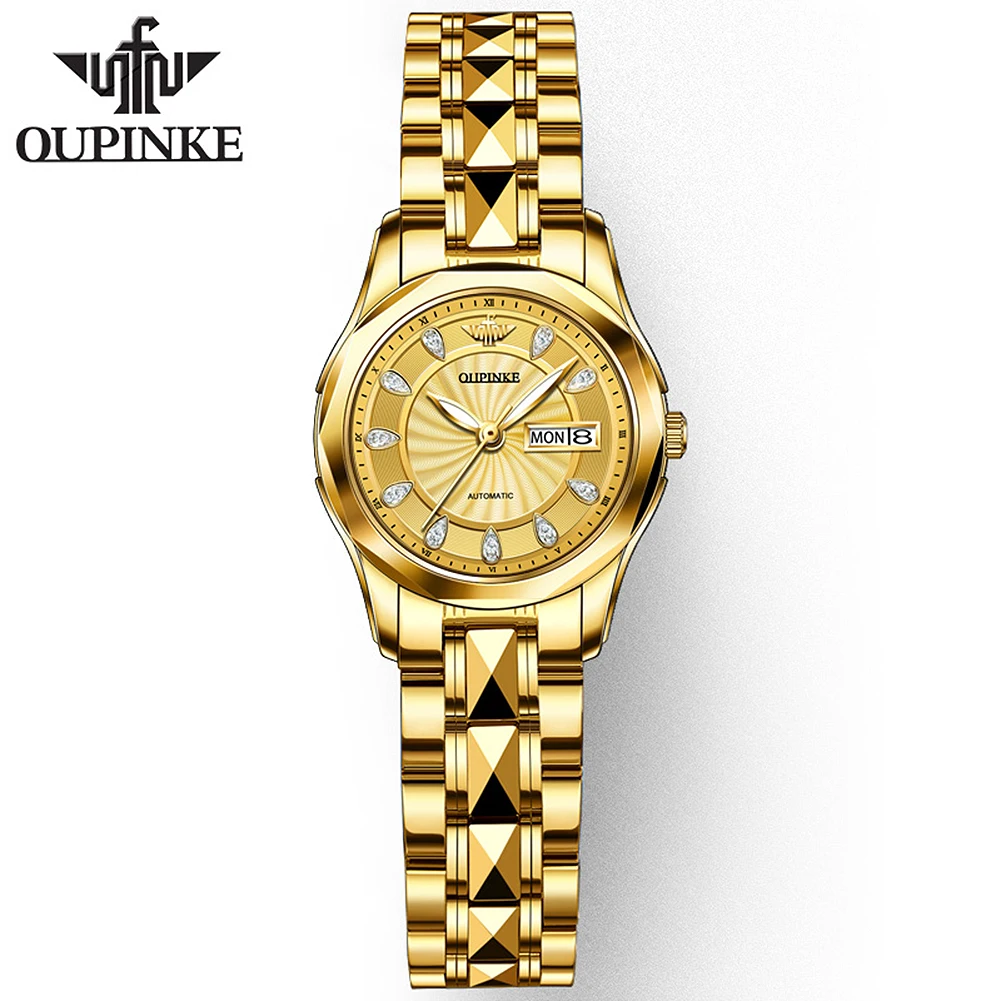 

Часы OUPINKE женские механические, роскошные золотистые автоматические водонепроницаемые с сапфировым стеклом