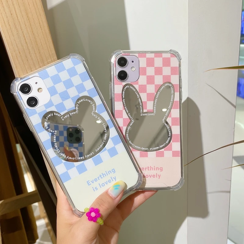

Cute Cartoon Animal Bear Bunny Mirror Phone Case For iPhone 11 Pro Max 12 Pro Max X Xs Max Xr 7 8 Plus Cases Soft TPU Cover