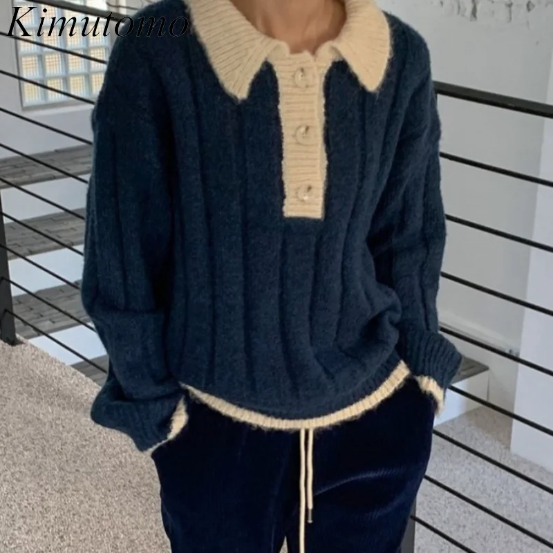 

Шикарный женский свитер Kimutomo с коллажем, новинка зимы 2021, винтажный контрастный свободный Универсальный трикотажный пуловер с отложным вор...
