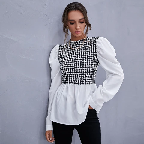 Women Shirt Spring Fashion Houndstooth Shirt Casual Stitching Tops  Female Long Sleeve Plaid Shirt Chic Office Ladies Blouses