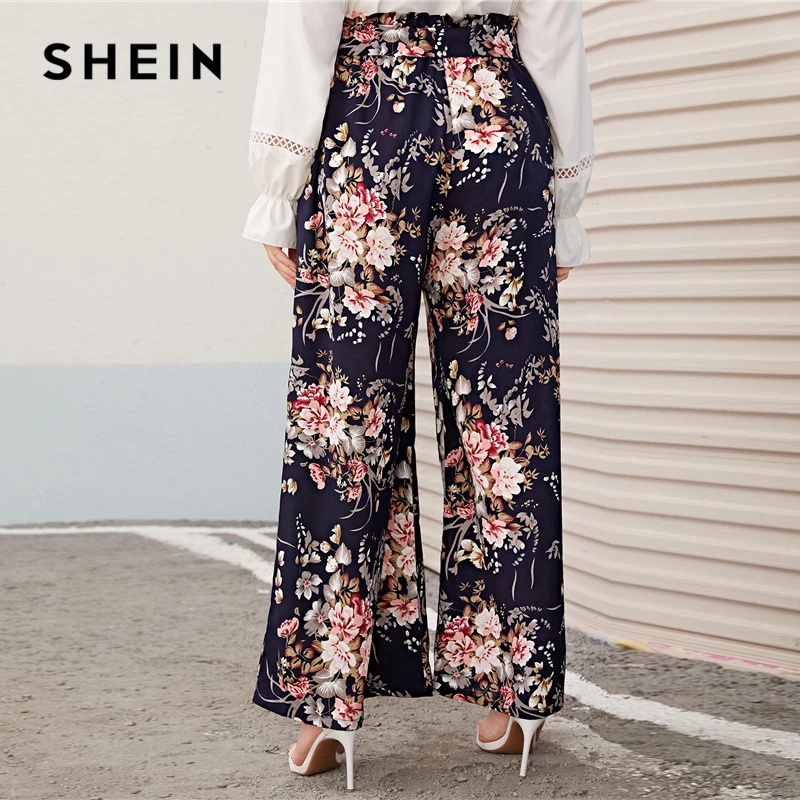 SHEIN плюс размер многоцветная бумажная сумка Талия цветочный принт широкие брюки для женщин осень весна Boho поясом длинные свободные брюки