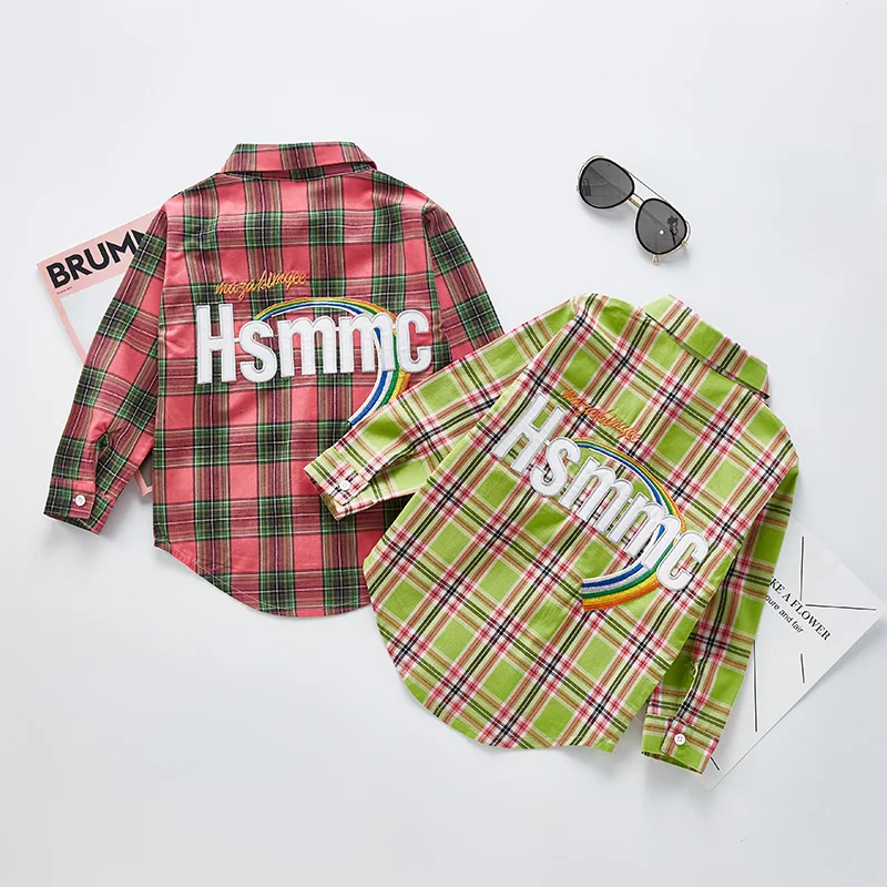 Дети красная клетчатая Радуга Вышивка Топы рубашка девушка с длинным рукавом