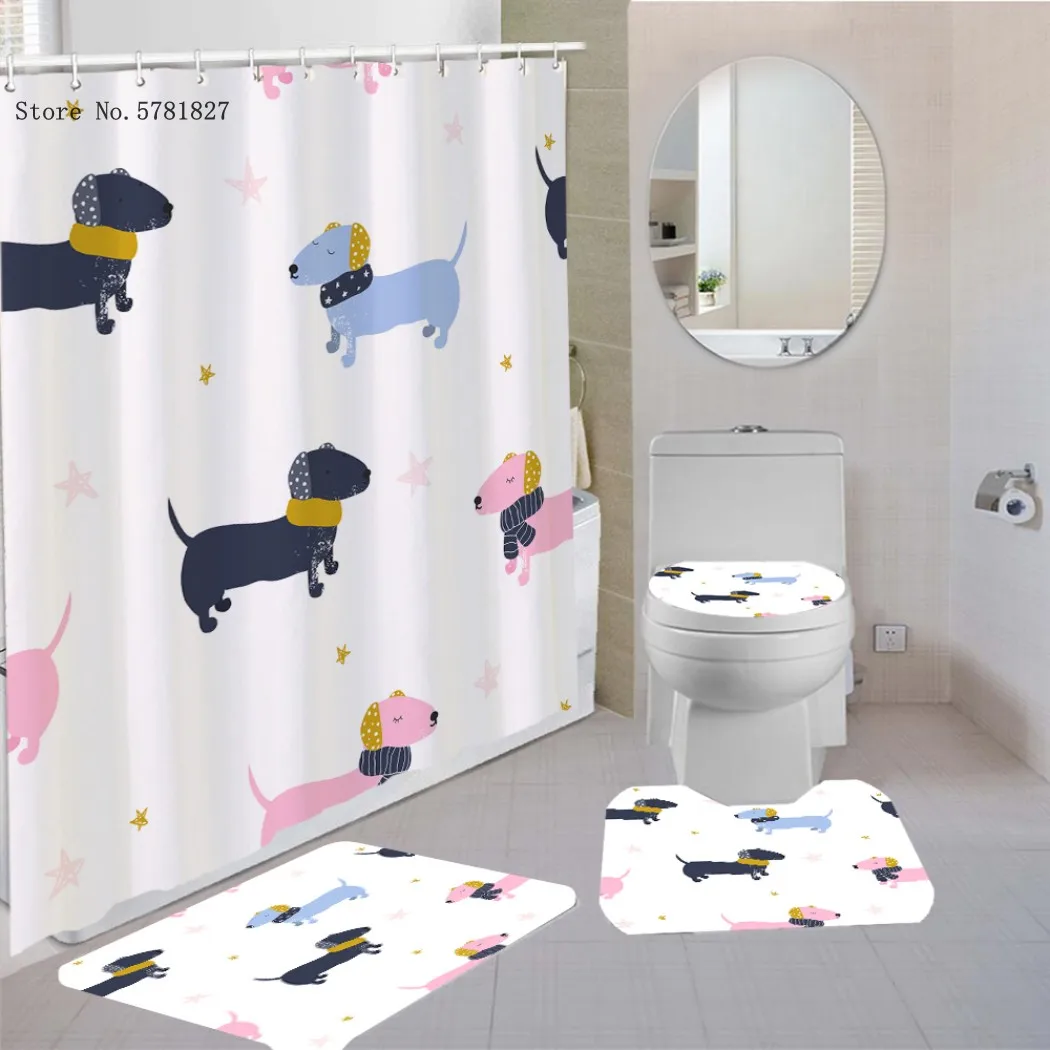 

3/4Pcs Set Sausage Dog Dachshund Shower Curtain Pet Dog Floor Mat U Shape Mat Toilet Lid Cover Bath Curtain Bathroom Curtain Set