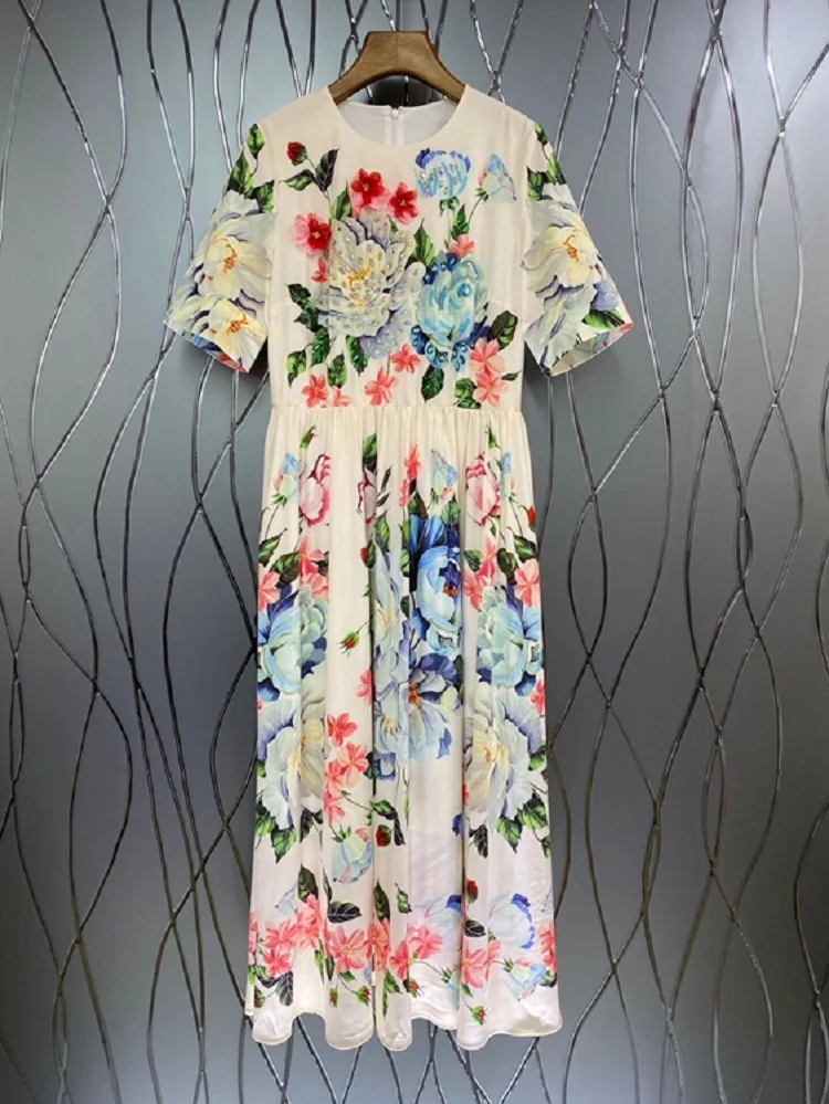 

New 2021 Summer Long Dress High Quality Women O-Neck Charming Floral Print Crystal Beading Deco Short Sleeve White Maxi Dress