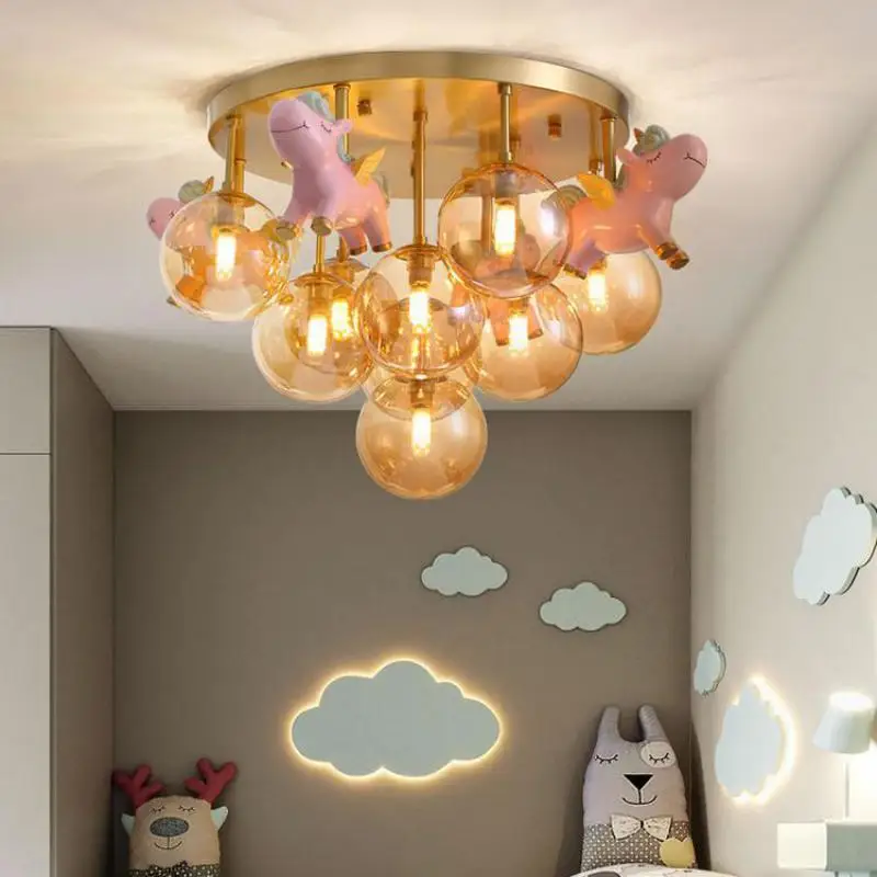 

Nordic Copper Creative Cartoon Pony Kids Room Ceiling Lamp Boy Girl Bedroom Ceiling Light glass Led Light Ceiling Home Lighting