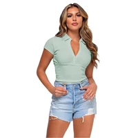 women solid color t shirt summer casual tight t deep v neck short sleeve tees slim fit threaded top fashion female clothing