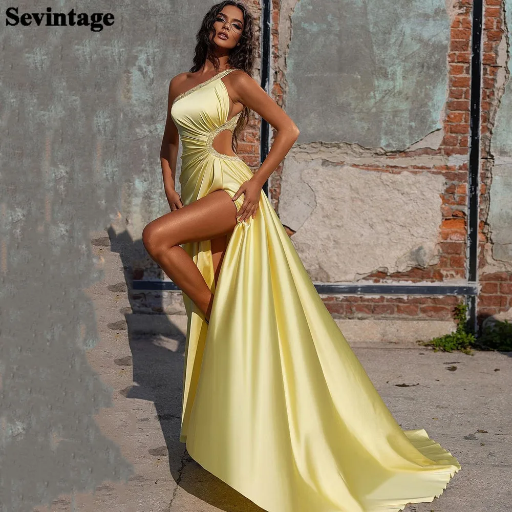 

Sevintage Yellow Satin Mermaid Prom Dresses One Shoulder Keyhole Dubai Evening Gowns Slit Side Arabia Women Formal Party Gowns