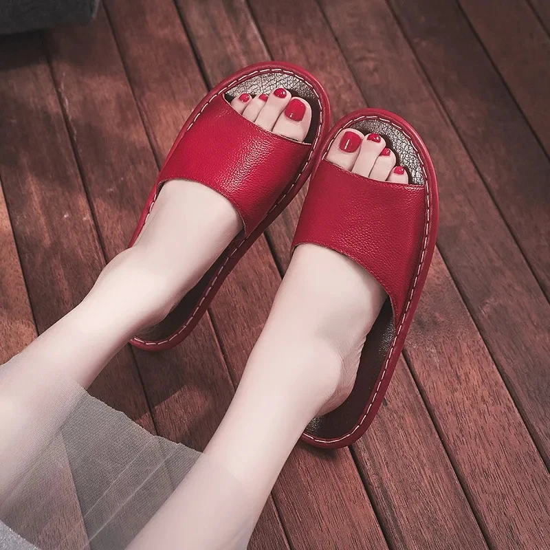 

Faux leather slippers womens summer comfort indoor shoes unisex flat fish mouth slides ladies concise casual slippers