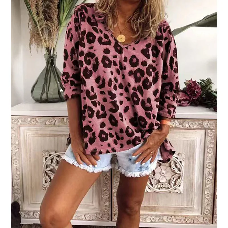 

Leopard Print Women T-Shirt Fashion Sexy V-Neck Casual Pullover Long Sleeves Loose Plus Size Tee Shirt Women Tops Tee Autumn