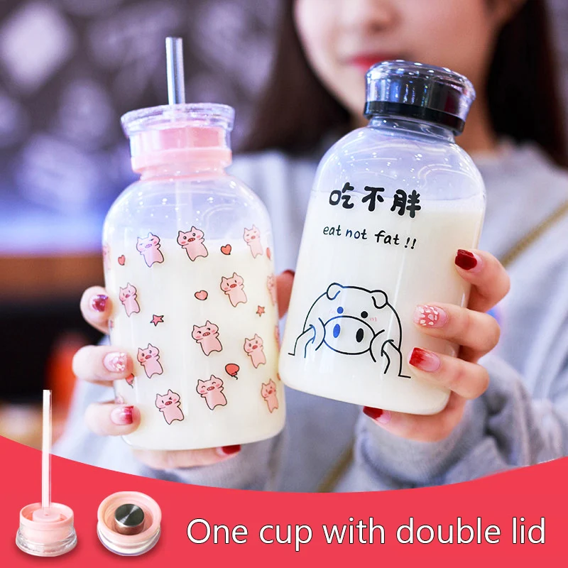 Бутылка для воды Kawaii Pig 450 мл стеклянная с соломинкой Мультяшные модные милые