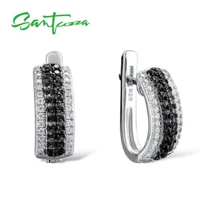 Женские круглые серьги-гвоздики SANTUZZA, из серебра 925 пробы с черными камнями, ювелирные украшения, серьги из серебра 925 пробы