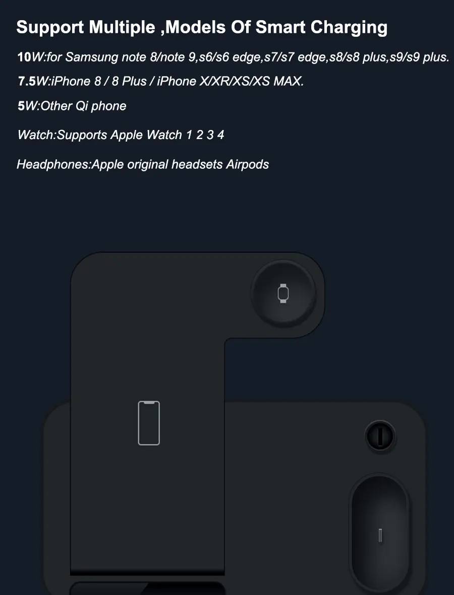 4 в 1 10 Вт Беспроводная зарядная док-станция для iPhone XR XS Max 8 Быстрая зарядка для Apple Watch 1 2 3 4 AirPods для samsung XiaoMI