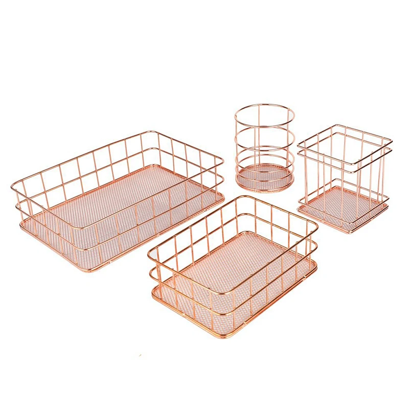 Wire Iron Storage Basket Rose Gold Durable Home Office Desk Shelf Desktop For Kichen Cabinets Bedroom Bathroom DIN889 | Дом и сад
