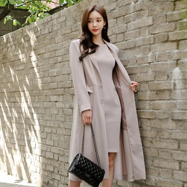 Осенне Весенние Новые корейские женские платья костюм до колена длинный плащ и