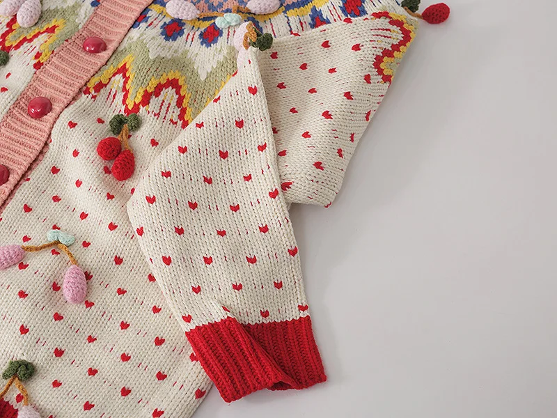 

Luxury Heavy Craft Appliques High Quality Geometric Patterns Knitting Cardigan O-Neck Ladies Fall Retro Jacquard Sweater VIntage