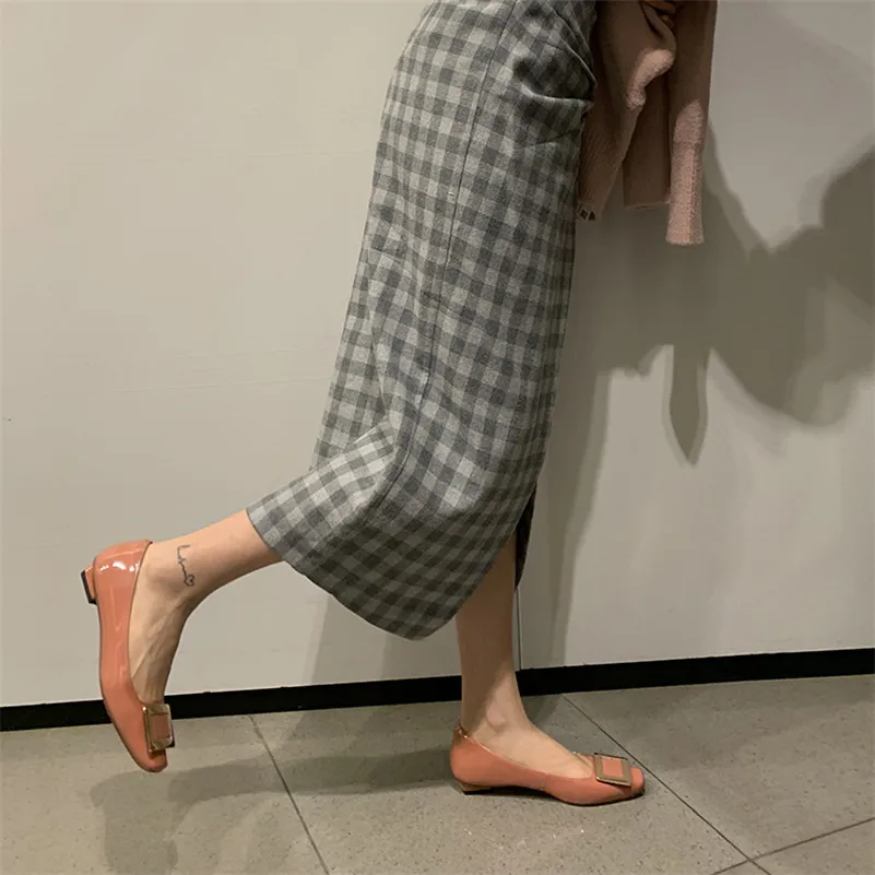 Meotina Natural Genuine Leather Flats Shoes Women Square Toe Casual Footwear Metal Decoration Shallow Shoes Ladies Spring 2021