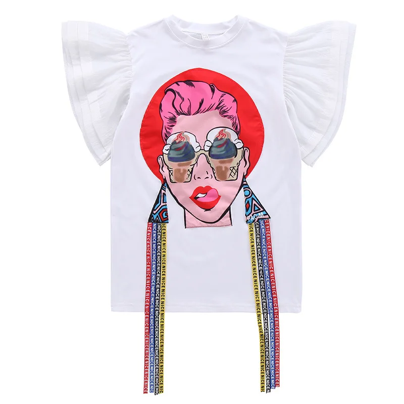 

Girl's Cartoon Beauty Patch Dress 2020 New Fashion Style Dress Children's Tassel Petal Sleeve T-shirt Dress kz ocuk giyim